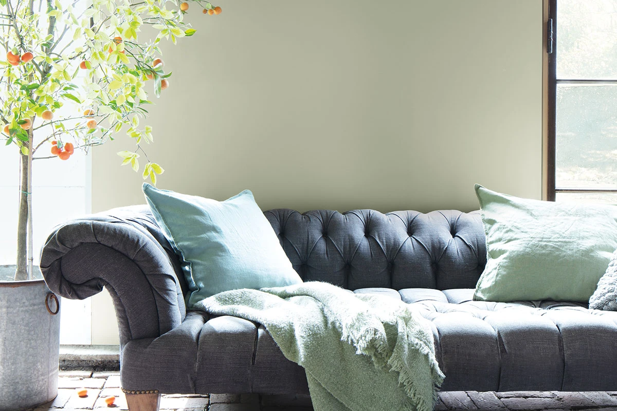 Wall painted Benjamin Moore October Mist color of 2022