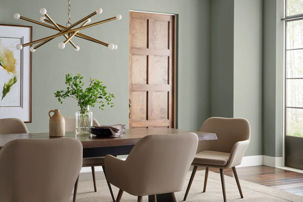 Wall painted Sherwin Williams Evergreen Fog color 2022