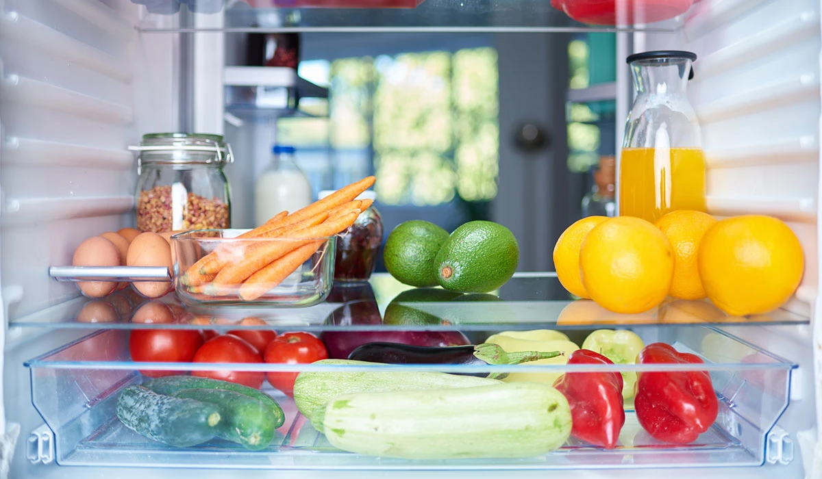 interior of refrigerator with fresh produce