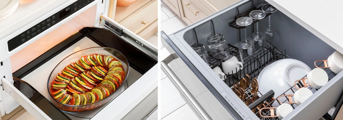 Cafe built-in microwave drawer and dishwasher drawer, both open